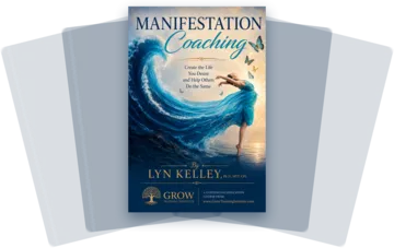 Manifestation Coaching, Dr. Lyn's newest course, in front of her other books
